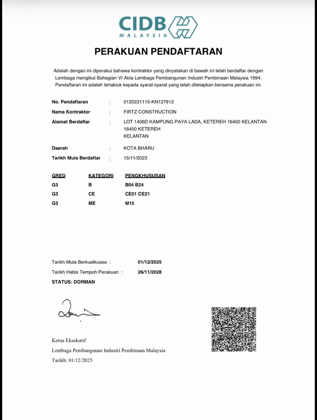 Perakuan Pendaftaran CIDB Firtz Construction